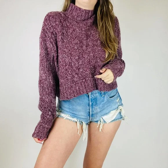 Free People Purple Cable Knit mock Neck Sweater - Picture 3 of 9